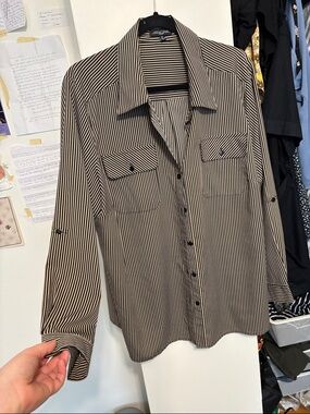 Notations Black & Cream Striped Long-Sleeve Button-Down Shirt